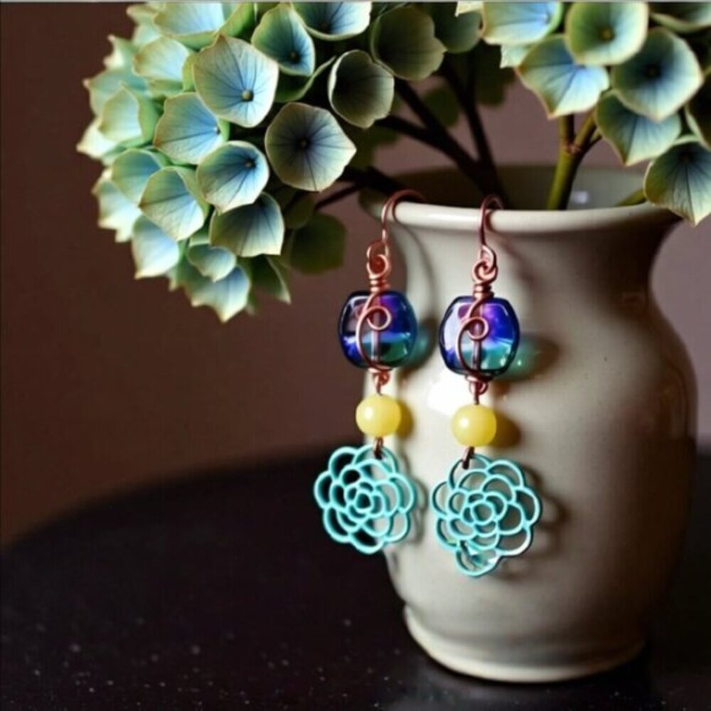 Patina Paint + Semi-Precious Beads + Warped Glass Tiles + Wire Wrapped Copper!